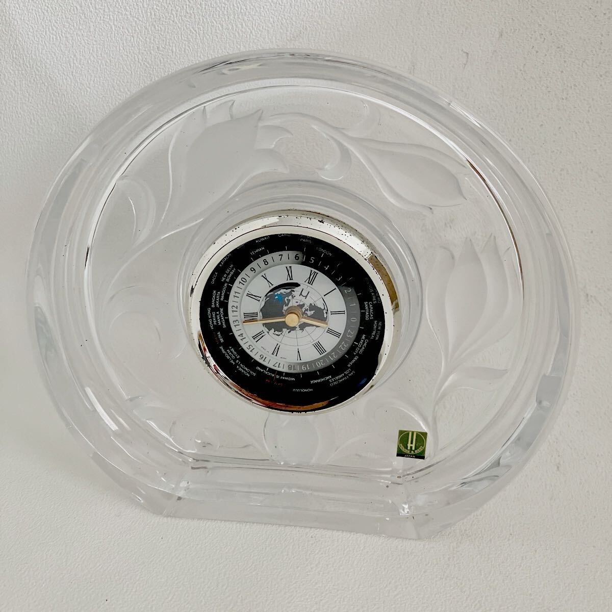 e881-80 置き時計 HOYAクリスタル 世界時計 ワールドクロック HOYA クリスタル 保谷 時計 ガラス製 インテリア拍卖