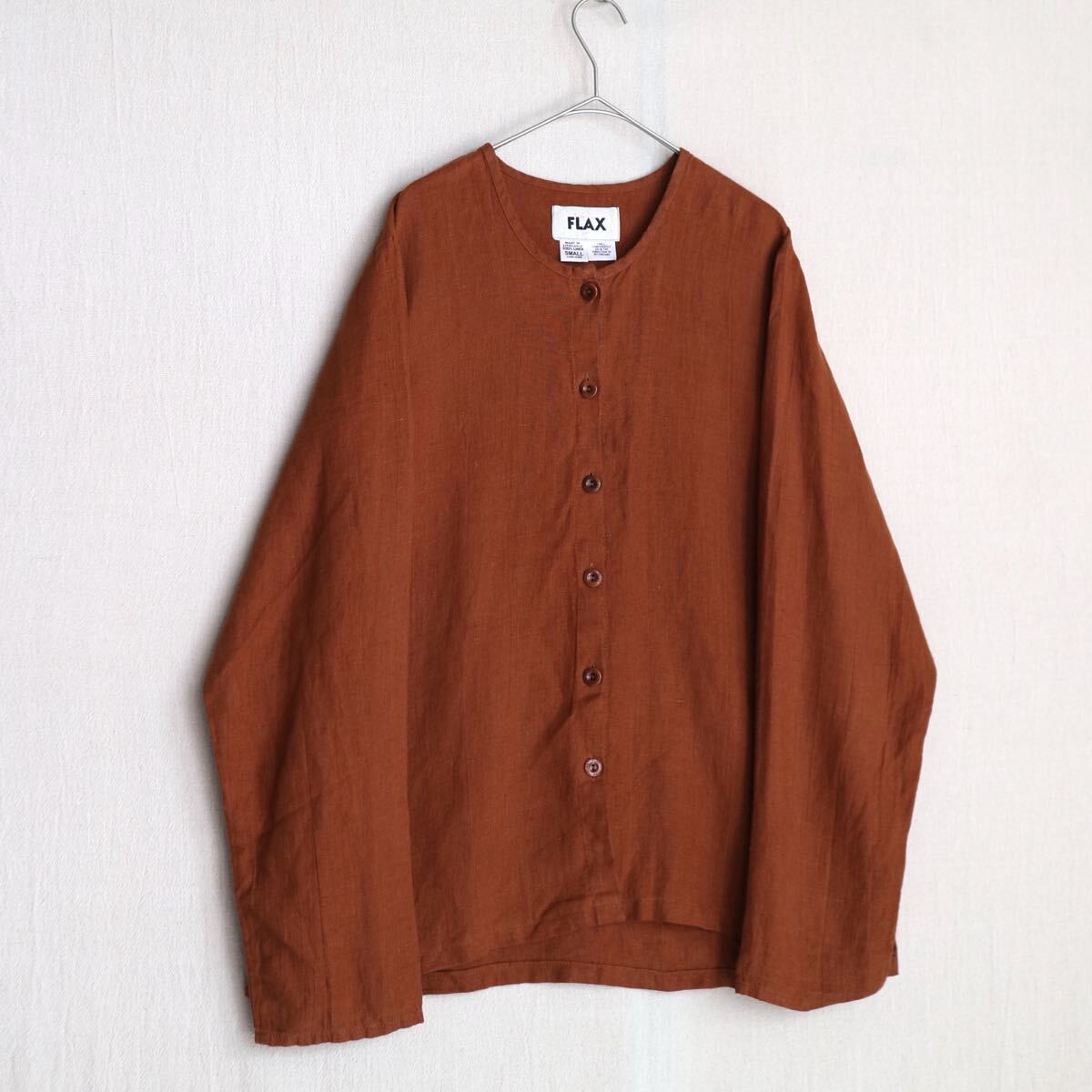 【最高級リネン】リトアニア製 FLAX ノーカラー シャツ / ユニセックス S ブラウン レディース ビンテージ USA 90s T5-02003-9200拍卖