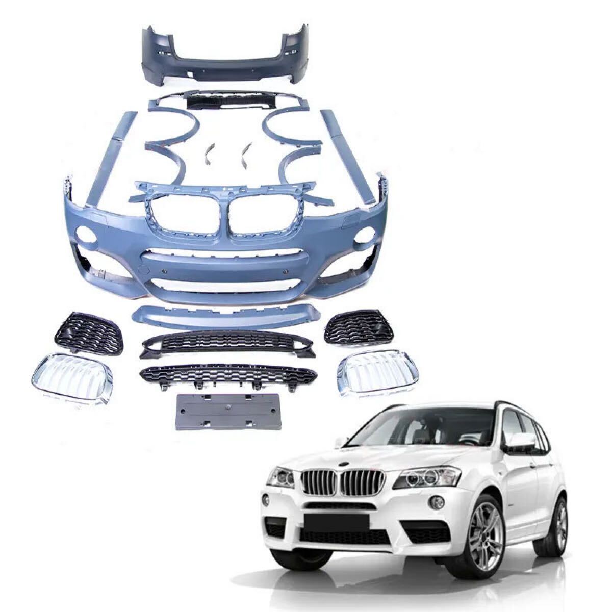 BMW X3 F25 Mtech-style ボディキット フロントバンパー グリル サイド フェンダー リア ディフューザー カスタム エアロ パーツ 外装拍卖