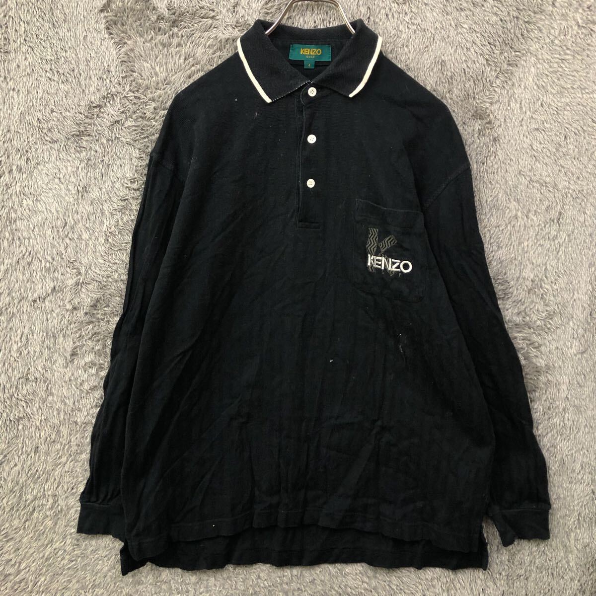 KENZOGOLF ケンゾーゴルフ 長袖ポロシャツ 長袖シャツ 鹿の子 ワンポイント ロゴ刺繍 サイズL相当 黒 メンズ トップス 最落なし(605)拍卖