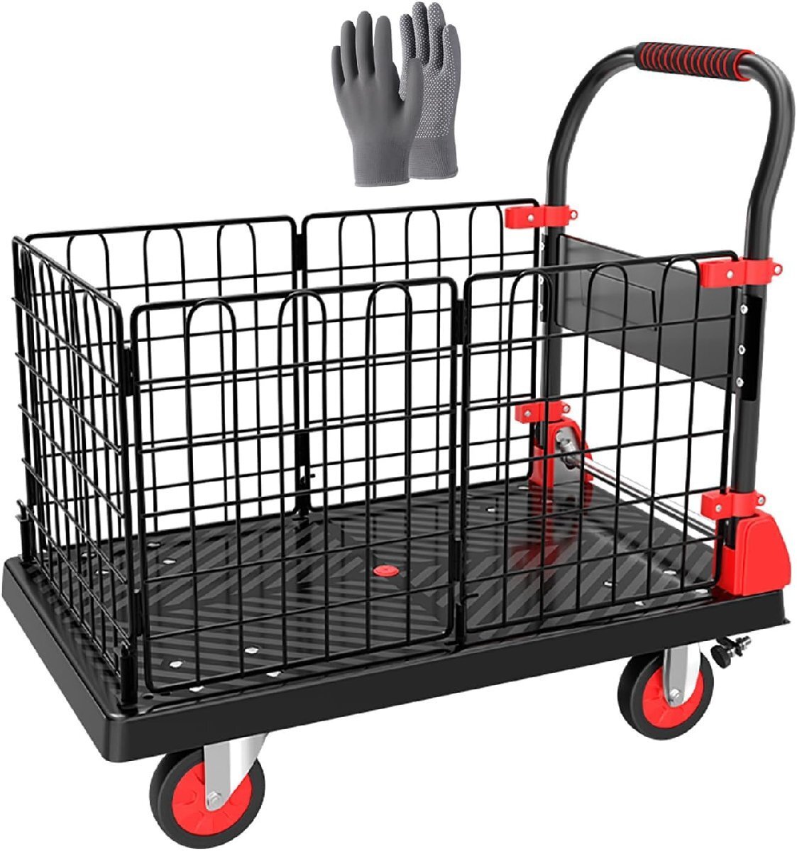 カゴ台車 大容量 メッシュ台車 カゴ付き台車 台車 折りたたみ式 カート台車 網籠車 積載運搬車 ブレーキ付き 耐荷重400kg 90*60cm拍卖