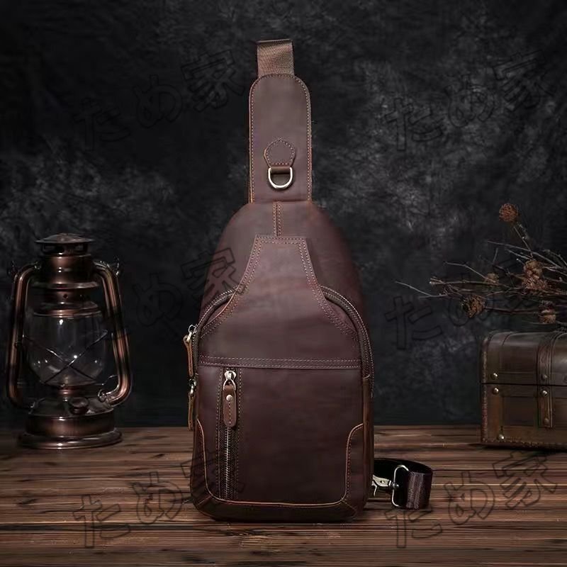 03 本革 メンズ胸バッグカジュアルファッション男性バッグ牛革レトロ多機能斜めショルダーバッグ拍卖