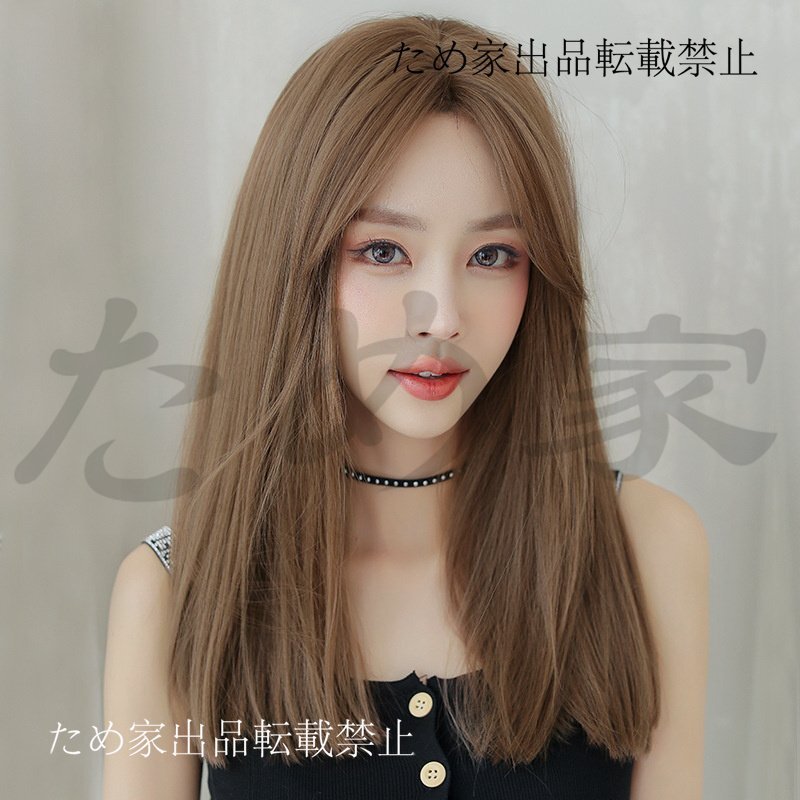 新品人毛 韓国風スタイル 中分前髪 ロングストレートウィッグ 鎖骨ライン 修顔効果 つむじ部分手植え 自然に見えますフルウィッグ拍卖