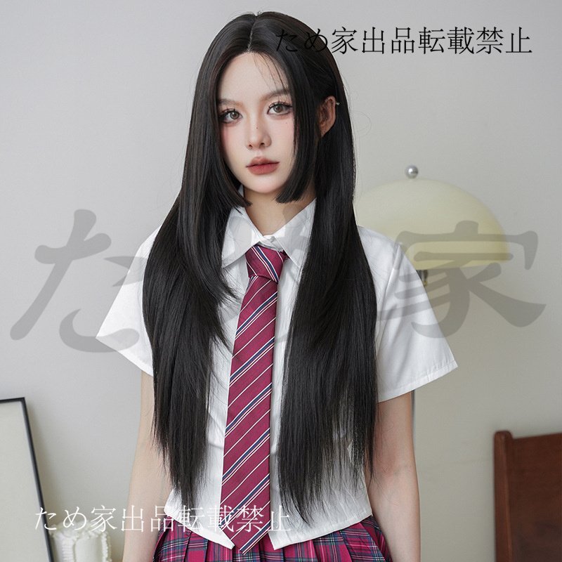 新品人毛 ブラックティーブラウン ロングストレート 姫風前髪付きウィッグ 落ち着いた印象に つむじ部分手植え 自然に見えますフルウィッグ拍卖