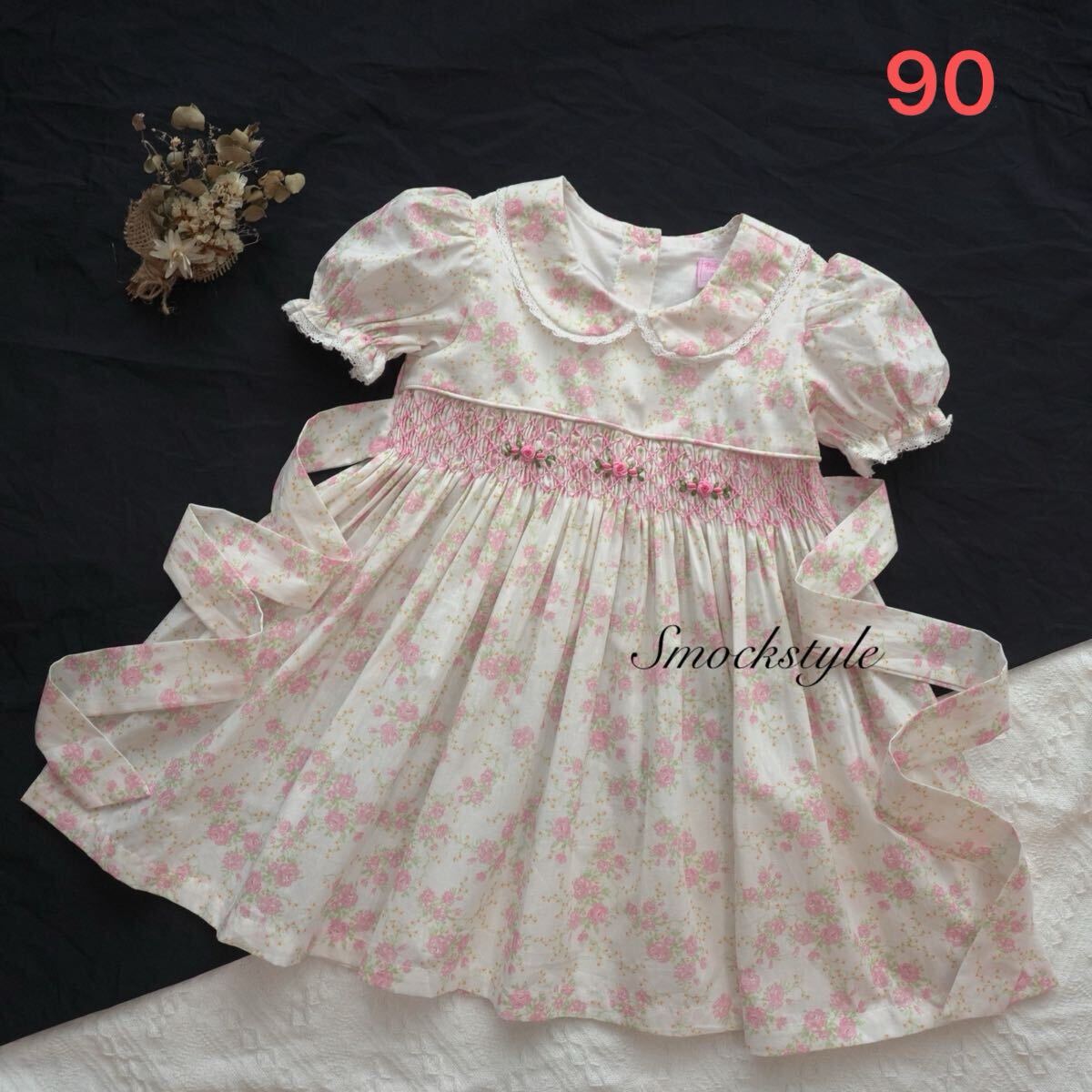 新品 スモッキングワンピース 半袖 女の子 ピンク 派手 花柄 リボン ハンドメイド 手刺繍 発表会 結婚式 お姫様 キッズ 90拍卖