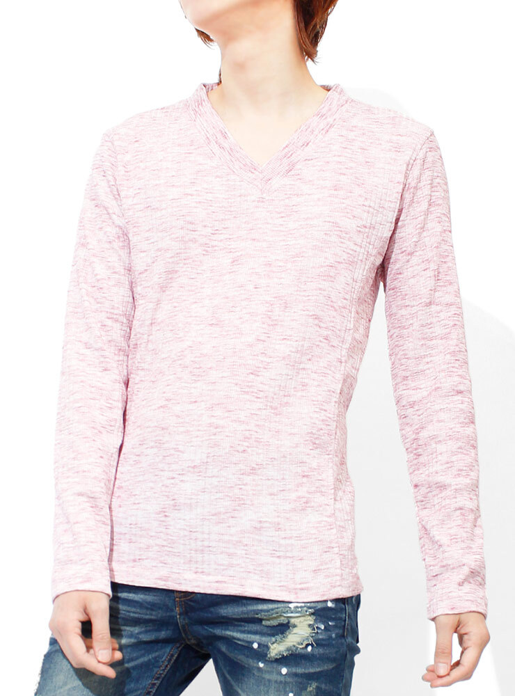 【新品】 L 杢レッド(長袖) Tシャツ メンズ 大きいサイズ 小さいサイズ Vネック 長袖 無地 テレコ素材 ストレッチ カットソー拍卖