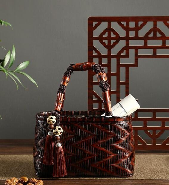 美品★自然の良品 バスケット 収納かご おしゃれ竹籠 編み 取っ手 持ち手  手作りトートバスケット  花火着物かご拍卖