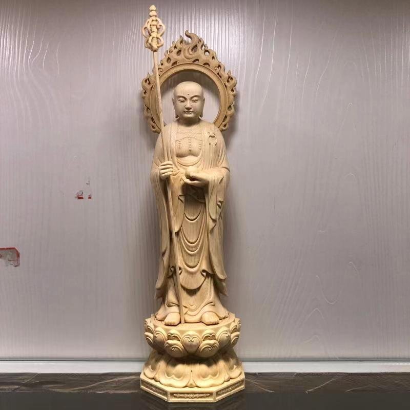 新入荷★総檜材 仏教美術 精密彫刻 仏像 仏師で仕上げ品 地蔵菩薩立像 高さ28cm拍卖