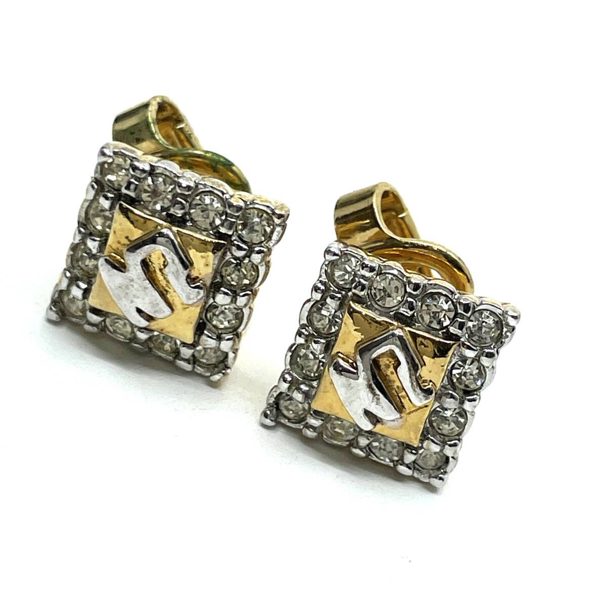 NINA RICCI ニナリッチ 両耳 イヤリング ひし形 ダイヤ NRロゴ シルバー×ゴールド コンビ ラインストーン 石 ラグジュアリー エレガント拍卖