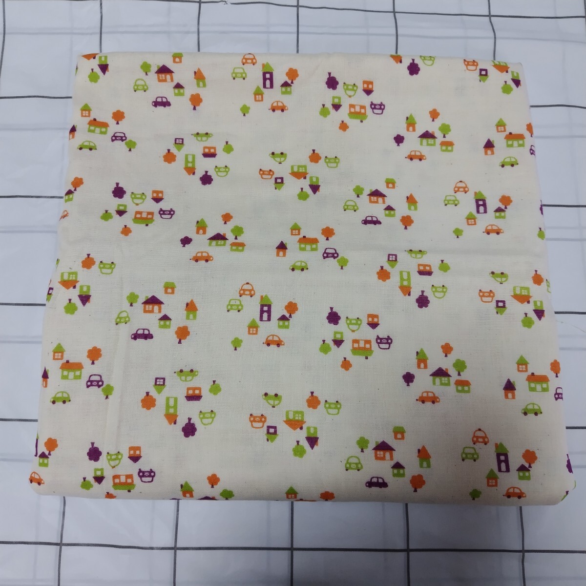 はぎれ ダブルガーゼ生地 おうちと車 オレンジ系 108×150拍卖