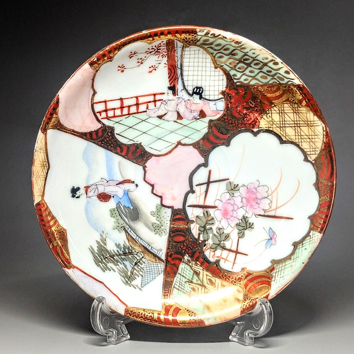 オールドニッポン銘品!! 里帰り 薩摩 林造 金彩窓絵風景人物図 皿 ソーサー拍卖