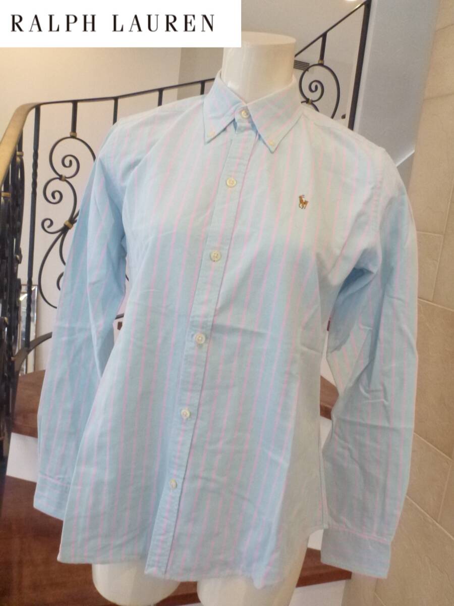 超美品 RALPH LAUREN ラルフローレン★水色×ピンク ロゴ刺繍 長袖シャツ 6 L相当拍卖