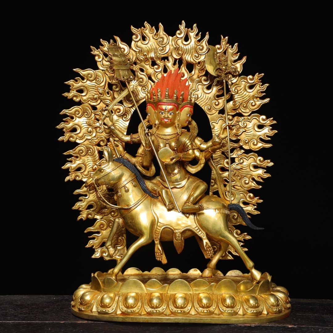 仏像 清 銅琉金 チベット仏教 描彩【吉祥天母】菩薩 仏教古美術 供養品 極細工 時代物 古置物 中国古美術 唐物 旧蔵 S75拍卖