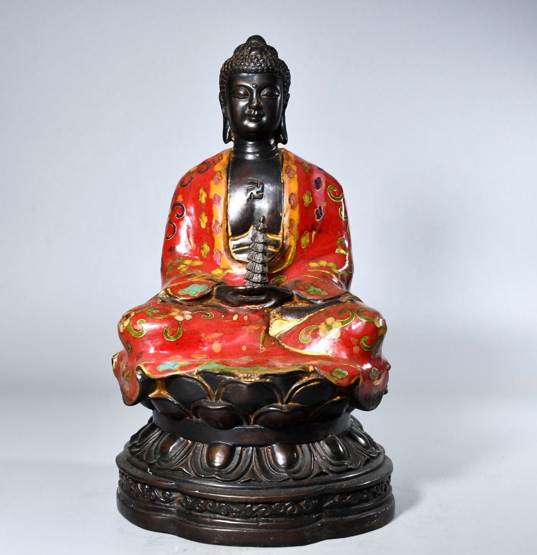 仏像 清 精銅 チベット仏教 景泰藍絲琺瑯彩【藥師佛】 仏教古美術 供養品 極細工 時代物 古置物 中国古美術 唐物 旧蔵 S75拍卖