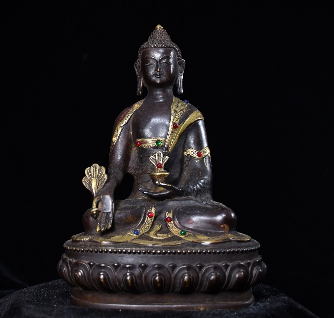 仏像 清 銅琉金 チベット仏教 嵌宝石【釋迦摩尼】造像 仏教古美術 供養品 極細工 時代物 古置物 中国古美術 唐物 旧蔵 S75拍卖