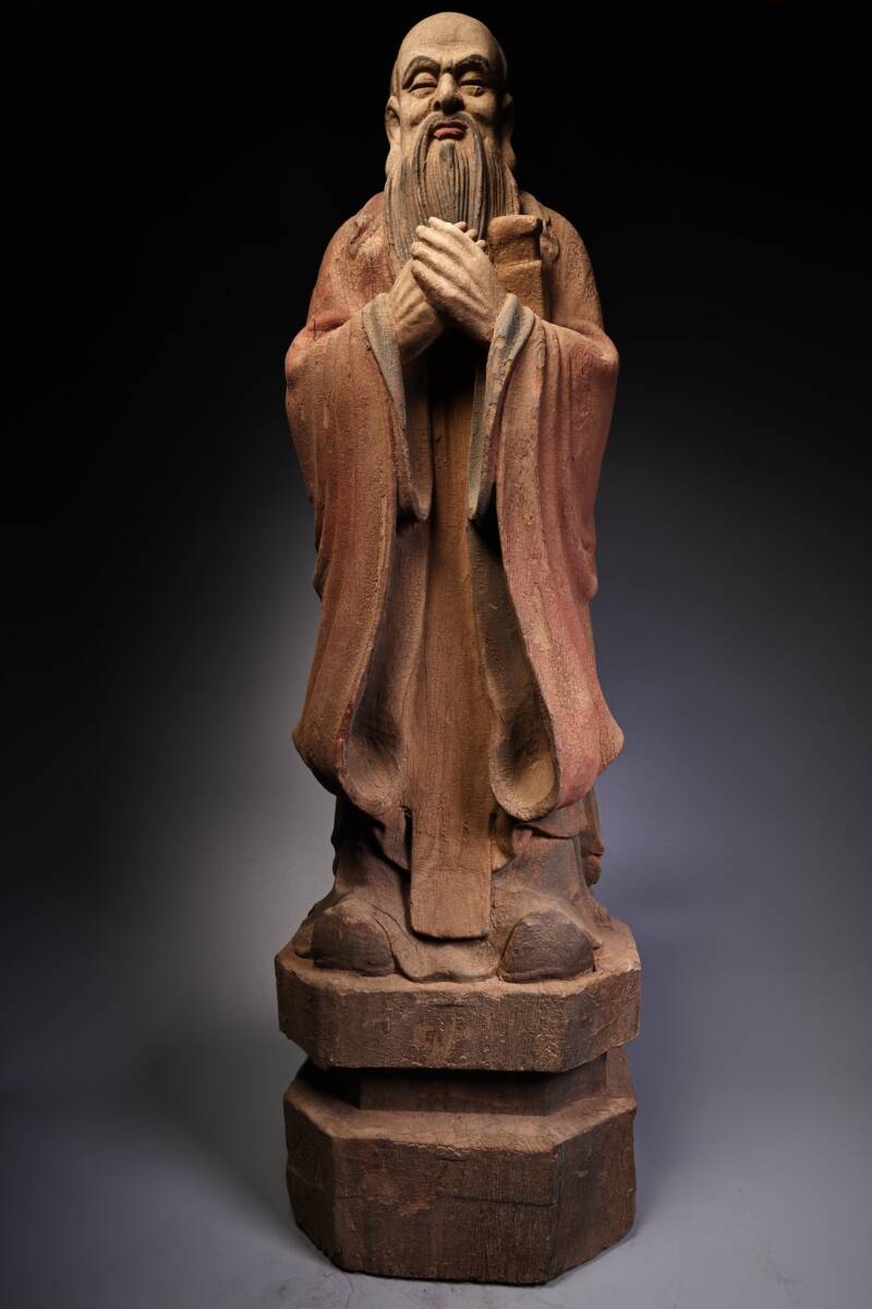 旧藏 中国 清代 古木彫 彩孔子像 細密毛彫 時代物 中国古美術 極細工 置物 木彫り 東洋彫刻 唐物 S75拍卖
