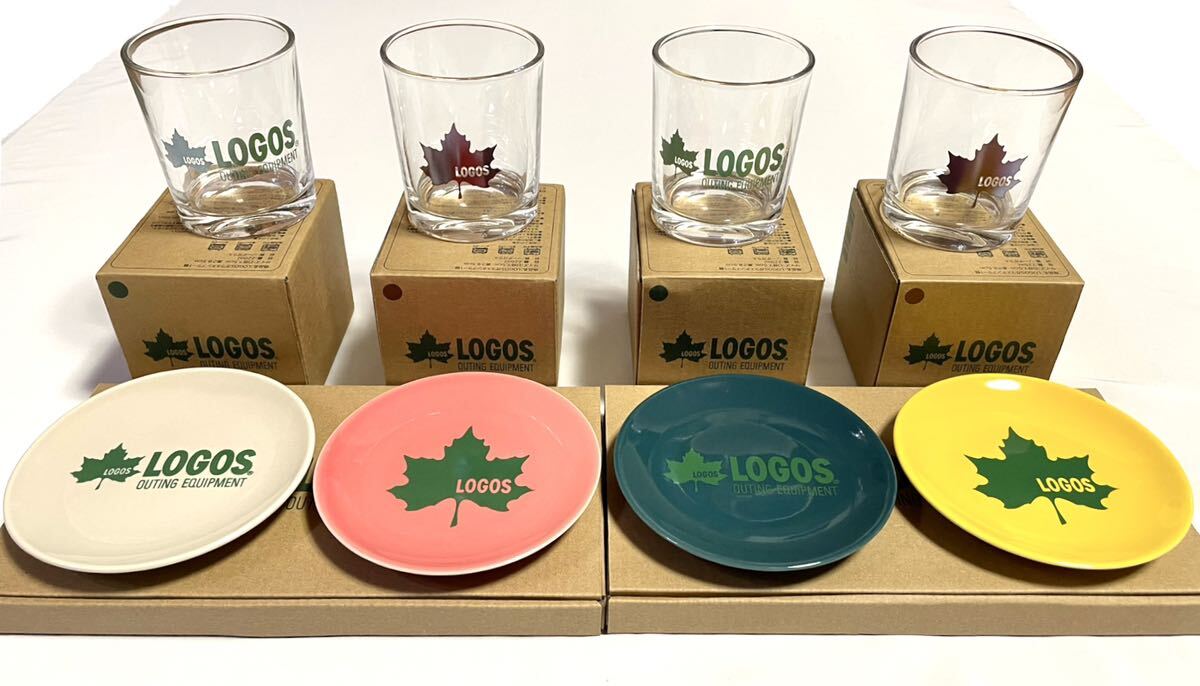 H 新品非売品即決 LOGOS ガラスタンブラー×4 ミニプレート×4 グループ来客用 ガラスコップ220mlお皿12cmセット ブランドロゴス拍卖
