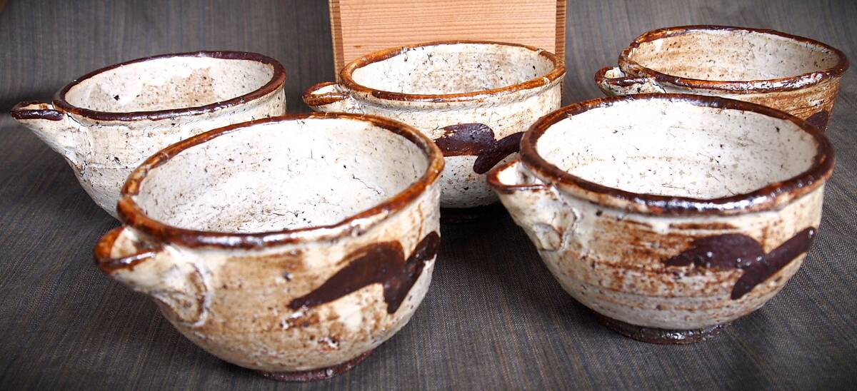 希少作★中川自然坊★粉引唐津片口向付★5客★共箱拍卖