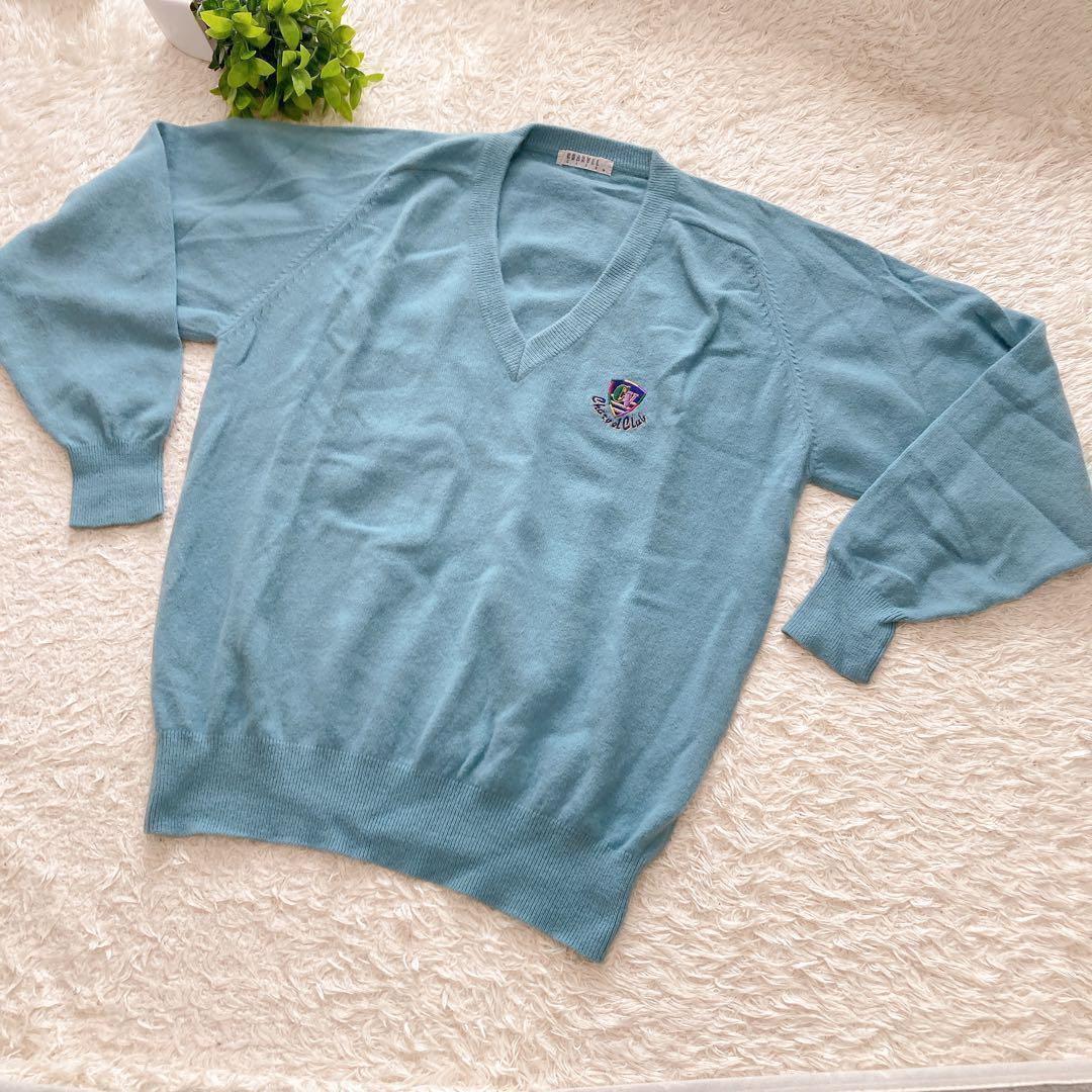 美品【CHARVEL CLUB】 長袖 ニット (M) 水色 無地 Vネック拍卖
