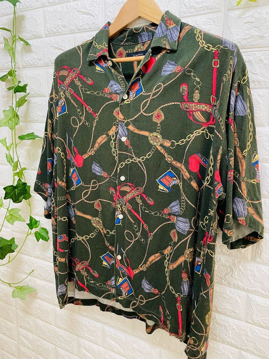 ★メンズ RAGEBLUE 総柄 半袖シャツ レーヨン グリーン系 サイズL ゆったり 130525-006拍卖