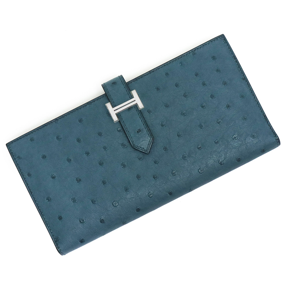 (未使用 展示品)エルメス HERMES ベアン スフレ 二つ折り長財布 オーストリッチ エキゾチックレザー ブルー U刻印拍卖