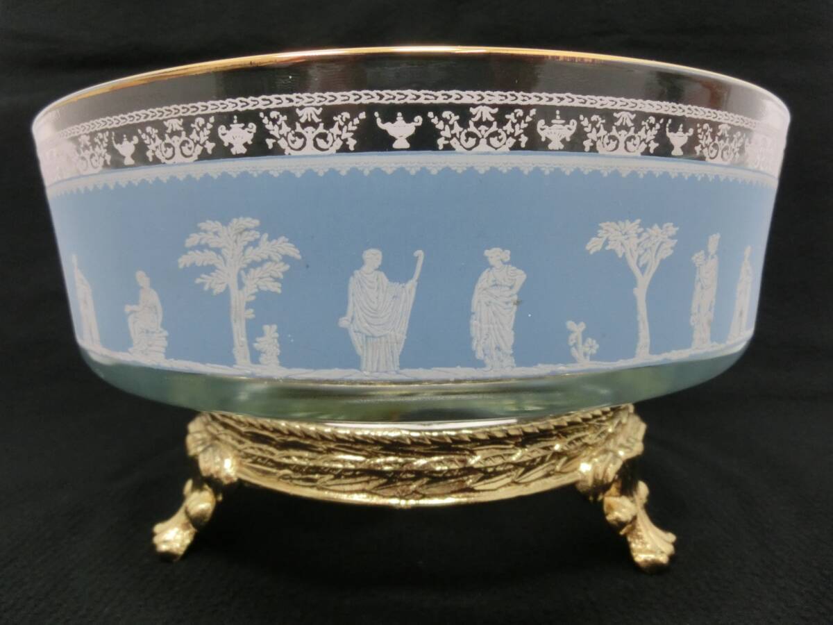 ‡ 0297 JEANNETTE ジャネットグラスカンパニー ジャスパースタイル ウェッジウッド 深皿ボウル 直径約22.5㎝ 台座付 箱無 破損無拍卖