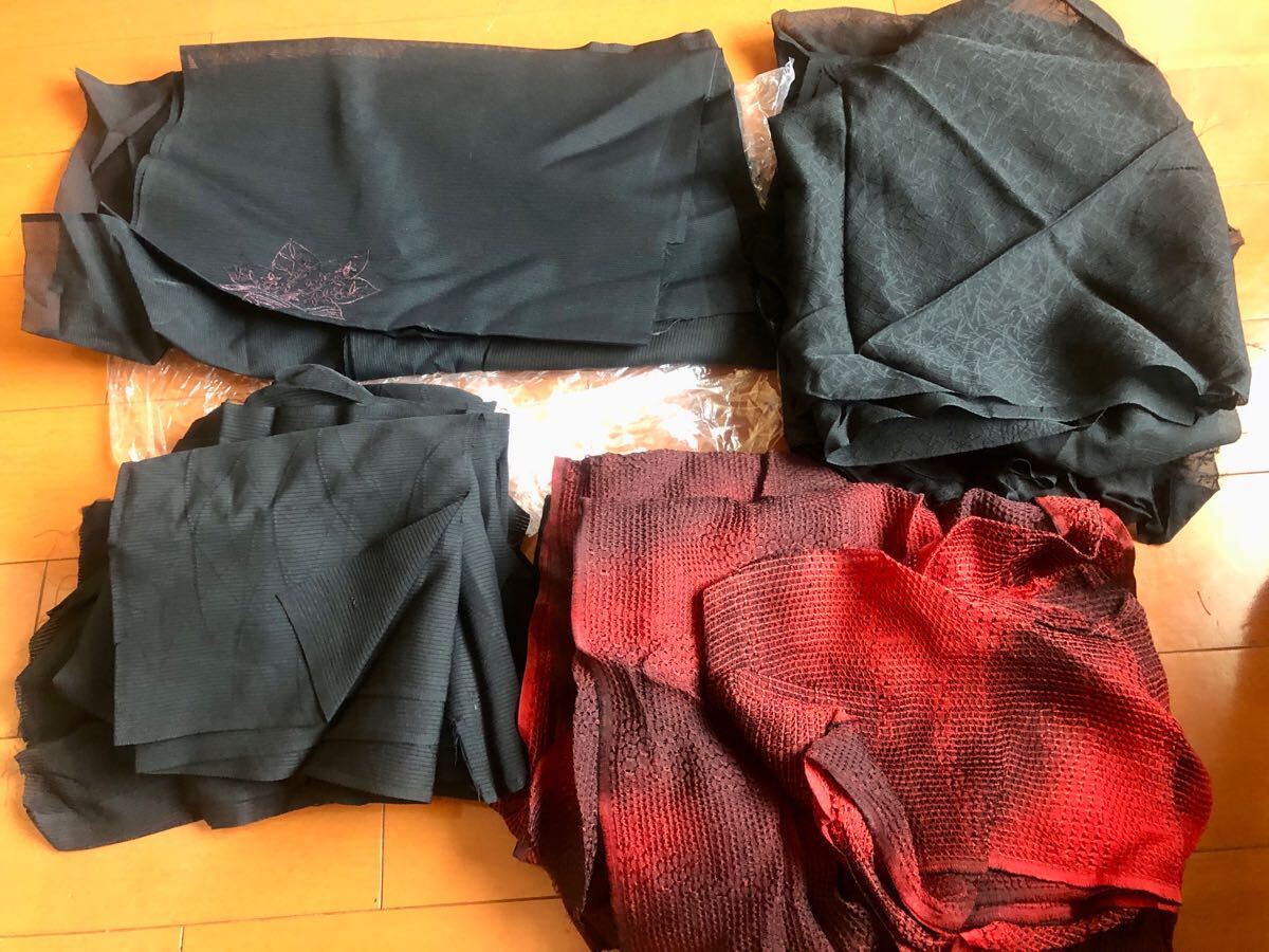 夏用着物透け感あり着物解体&洗濯済みまとめて4点セット①♪赤黒ブラック紺ネイビー 生地着物リメイク用素材拍卖