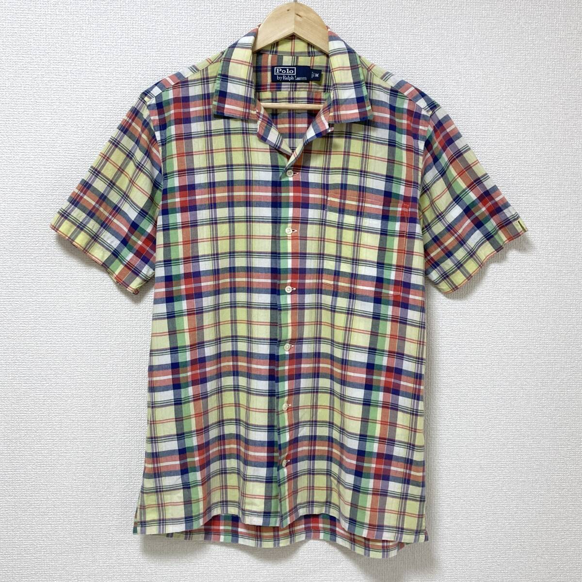 紺タグ POLO RALPH LAUREN ポニーなし インド綿 マドラスチェック 開襟 半袖 シャツ Mサイズ ポロ ラルフローレン オープンカラー 5050284拍卖