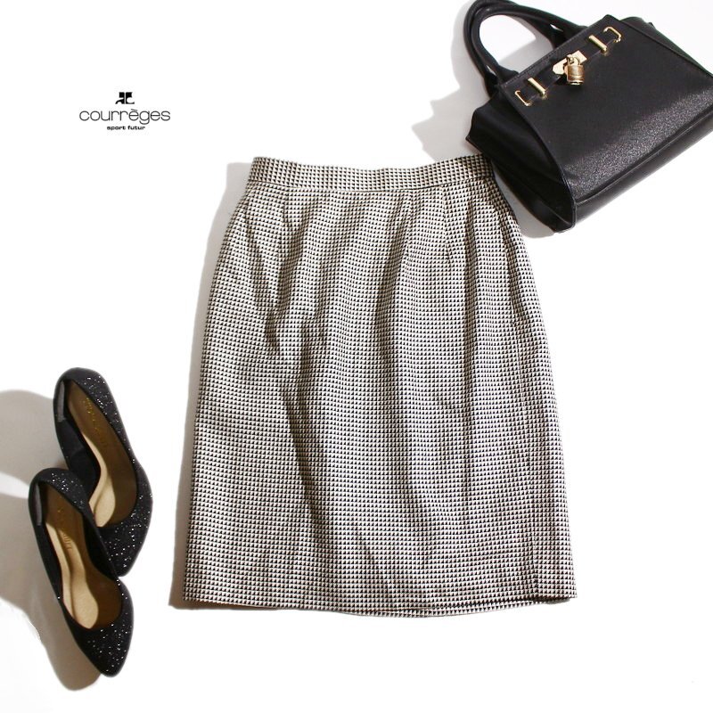 美品 クレージュ Courreges 通年 幾何学柄 柄 ほんのり艶 フォーマル 綺麗め タイトスカート 膝丈 スーツ 9AR 9号 ブラック 黒 ホワイト 白拍卖