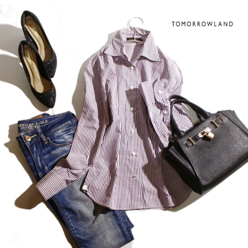 美品 トゥモローランド TOMORROWLAND 春 夏 ストライプ 柄 シャツ 7号 36 ホワイト 白 パープル 紫 オフィス 通勤 綺麗め 上品 ミセス拍卖