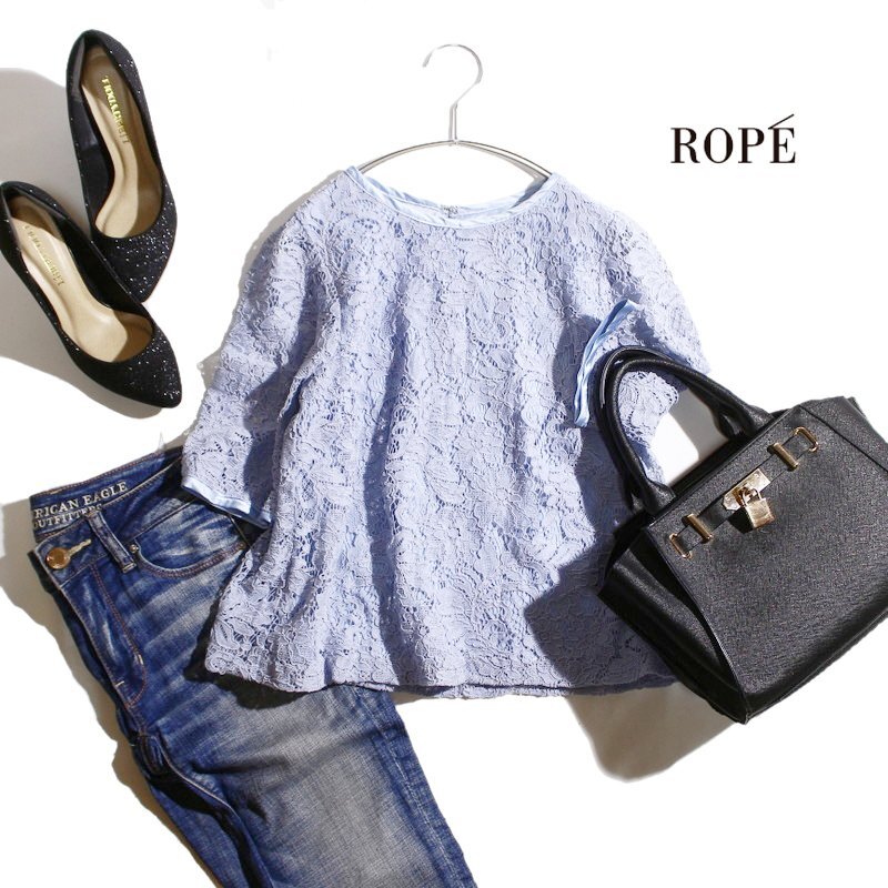 美品 ROPE’ ロペ 春 夏 きれい色 ミセス コードレース 半袖 カットソー 小さいサイズ 34 くすみ 水色 フォーマル レースカットソー 綺麗め拍卖