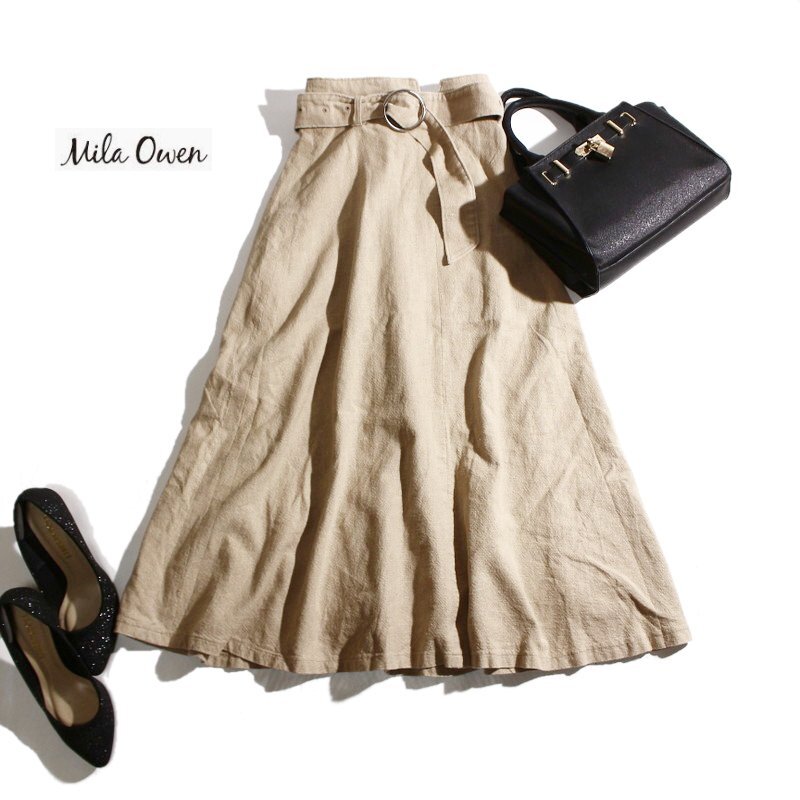 美品 Mila Owen ミラ オーウェン 春 夏 リネン コットン ベルト付き ロング丈 フレアスカート 0 ベージュ ロングスカート スカート お洒落拍卖