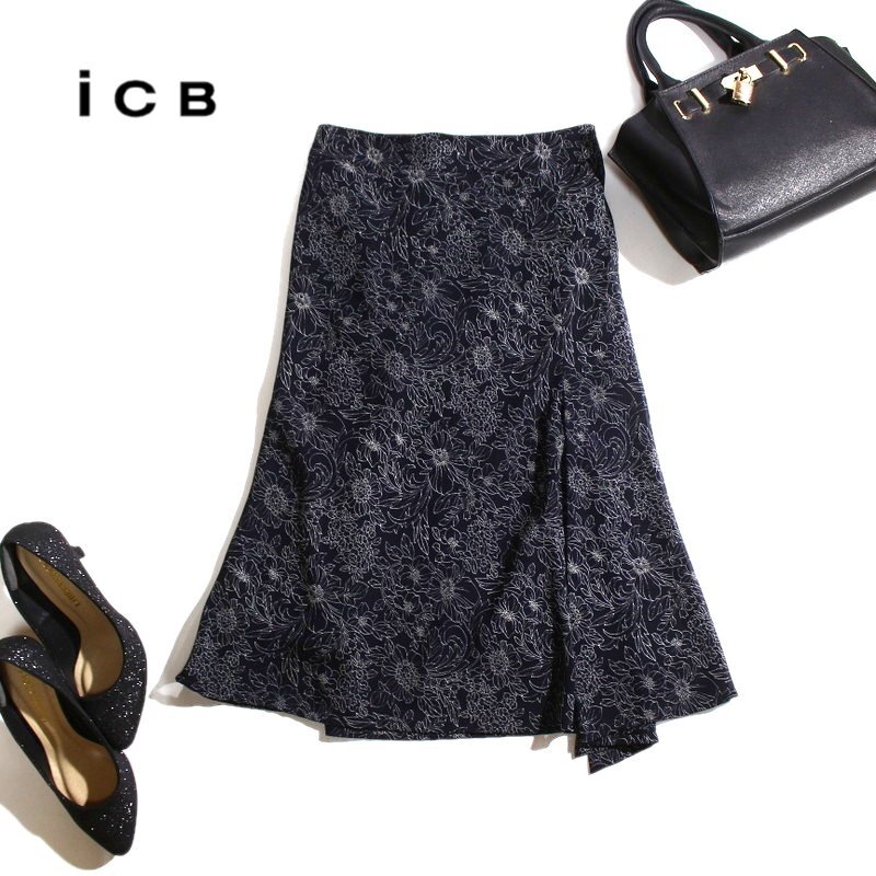 美品 ICB アイシービー 株) オンワード樫山 春 夏 フラワー イラスト 柄 プリント Aライン シフォン フレアスカート 4 ブラック 黒 白 9号拍卖