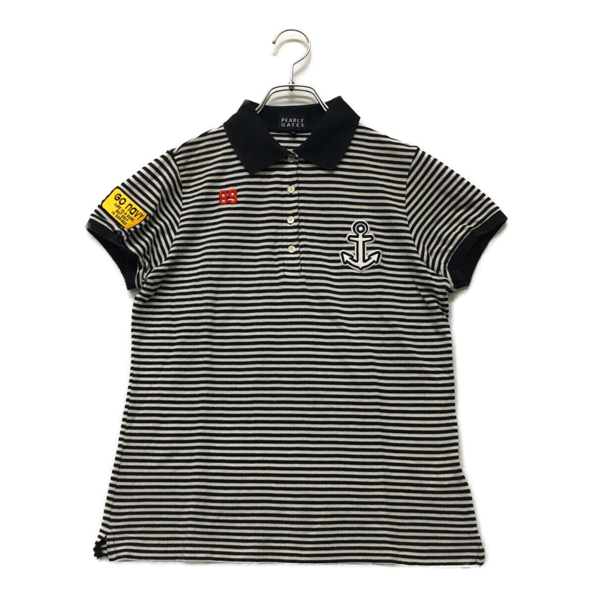 coco 中古【値下げ】 パーリーゲイツ PEARLY GATES レディース 半袖ポロシャツ 2(L) 濃紺×白 ボーダー ネコパケ発送可 94796拍卖