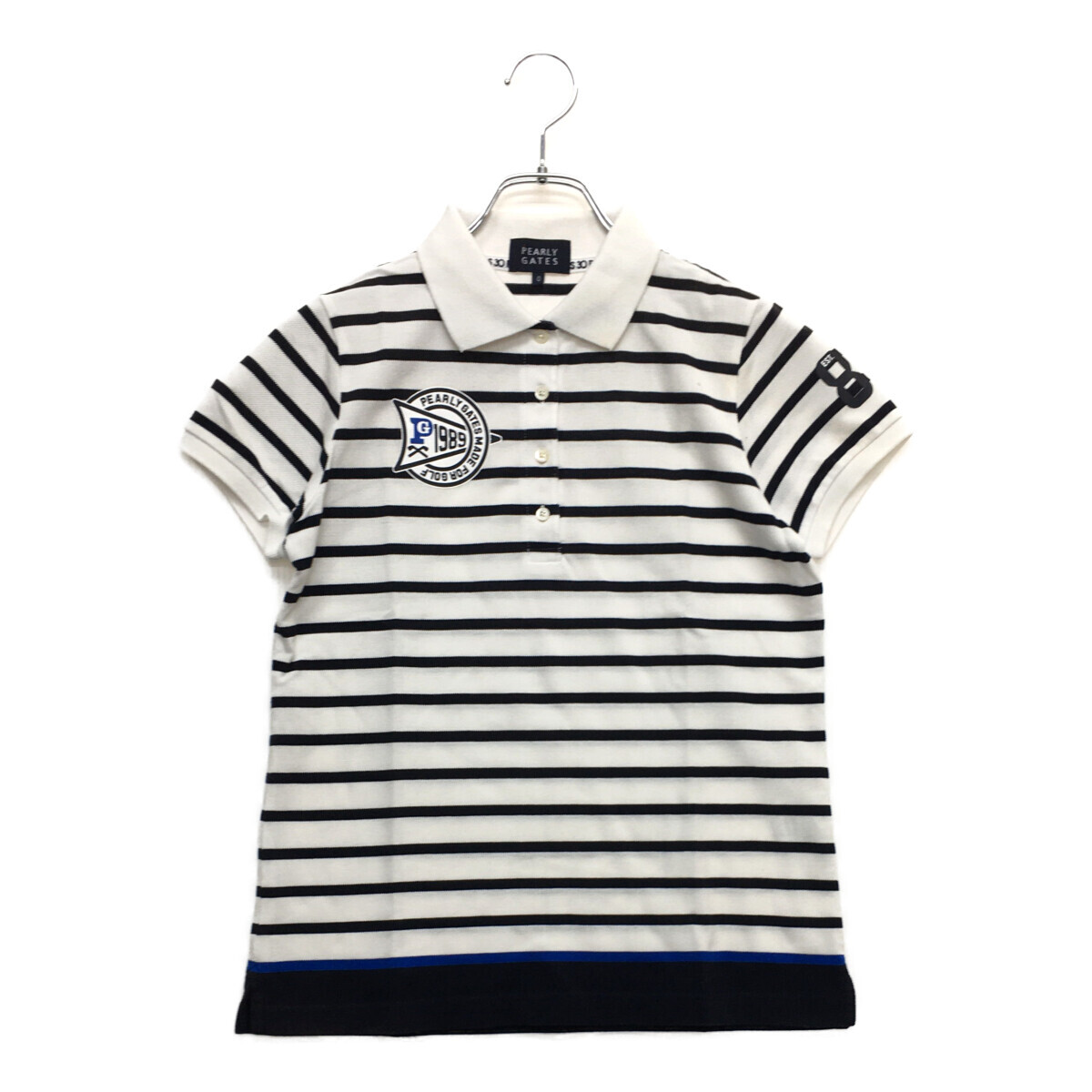 coco 中古【値下げ】 パーリーゲイツ PEARLY GATES レディース 半袖ポロシャツ 0(S) 白×紺 ボーダー ネコパケ発送可 95683拍卖