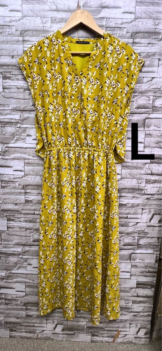 L aquagarage アクアガレージ ワンピース 総柄 からし色 マスタード 半袖 ノースリーブ レディース拍卖