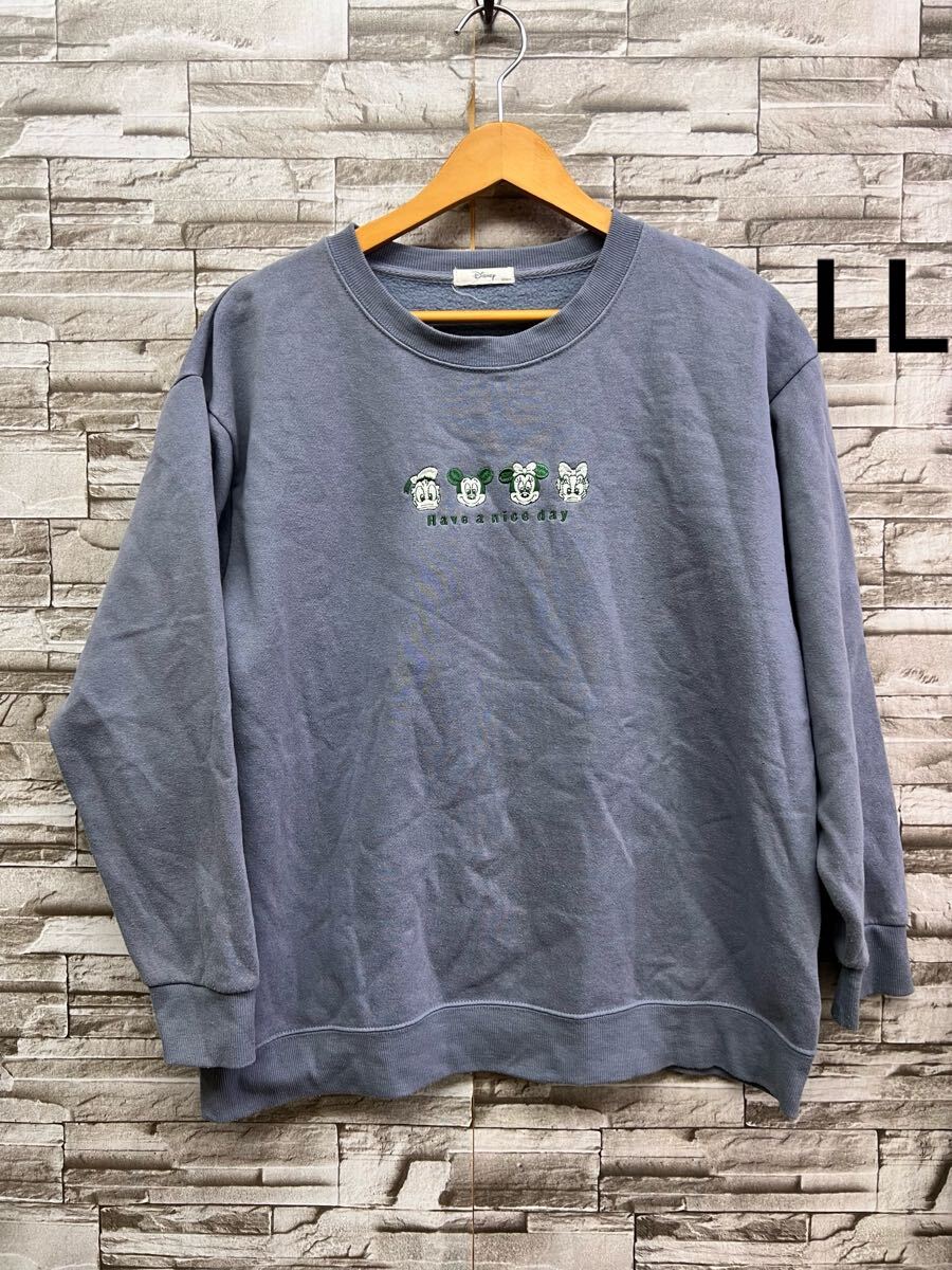 LL Disney ディズニー ブルー トレーナー 長袖 トップス 裏起毛 刺繍 ミッキー ドナルド ミニー デイジー拍卖
