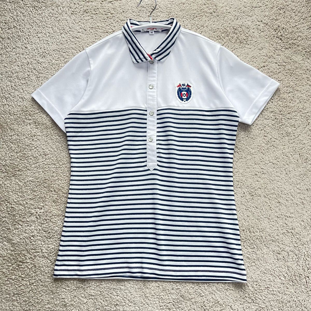 marie claire sport マリクレールスポーツ ゴルフウェア 半袖ポロシャツ ホワイト 白 ネイビー 紺 ボーダー ロゴワッペン レディースM 拍卖
