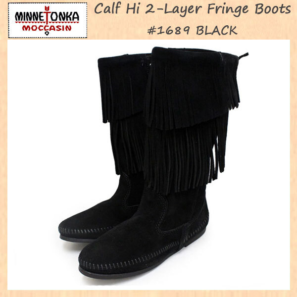 MINNETONKA(ミネトンカ)Calf Hi 2-Layer Fringe(カーフハイ2レイヤーフリンジ)#1689 BLACK SUEDE レディース MT178-5(約22cm)拍卖