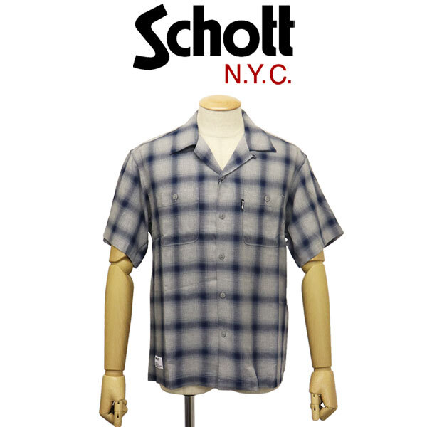Schott (ショット) 3123016 OMBRE PLAID S/S SHIRT オンブレ 格子縞 ショートスリーブシャツ 110(84)BLUE M拍卖