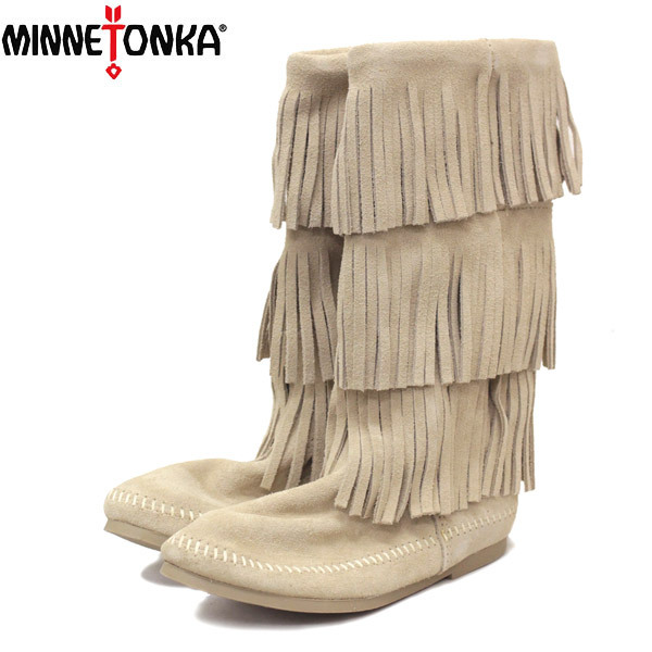 MINNETONKA(ミネトンカ) 3Layer Fringe Boot(3レイヤーフリンジブーツ) #1638T Stone Suede レディース MT432 6-約23cm拍卖