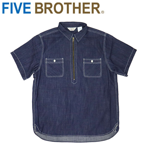 FIVE BROTHER (ファイブブラザー) 152264D DENIM S/S HALF ZIP SHIRTS デニム ショートスリーブ ハーフジップ シャツ V.BLUE S拍卖