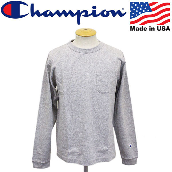 Champion (チャンピオン) C5-P401 LONG SLEEVE T-SHIRT ポケット付き ロングスリーブTシャツ アメリカ製 CN044 070オックスフォードグレー拍卖