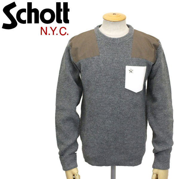 Schott (ショット) 3184009 LEATHER POCKET COMMAND SWEATER CREW NECK レザーポケットコマンドセーター クルーネック 全3色 14GREY-S拍卖