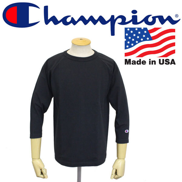 Champion (チャンピオン) C5-U401 T1011 RAGLAN 3/4 SLEEVE T-SHIRT 7分袖 ラグラン アメリカ製 CN009 090ブラックS拍卖