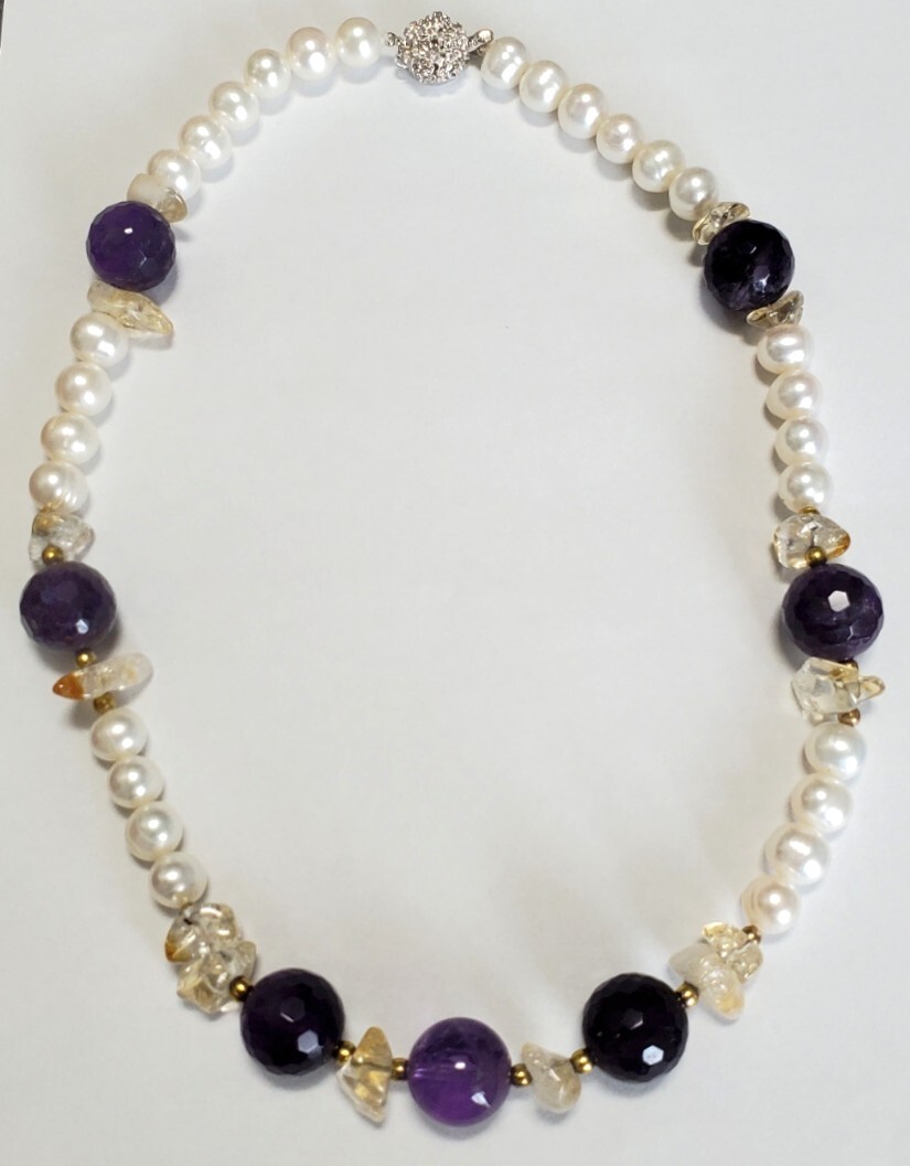 存在感抜群 SILVER シルバー刻印 本真珠 天然アメジスト ネックレス レディース アクセサリー 45㎝ 62,4g 美品拍卖