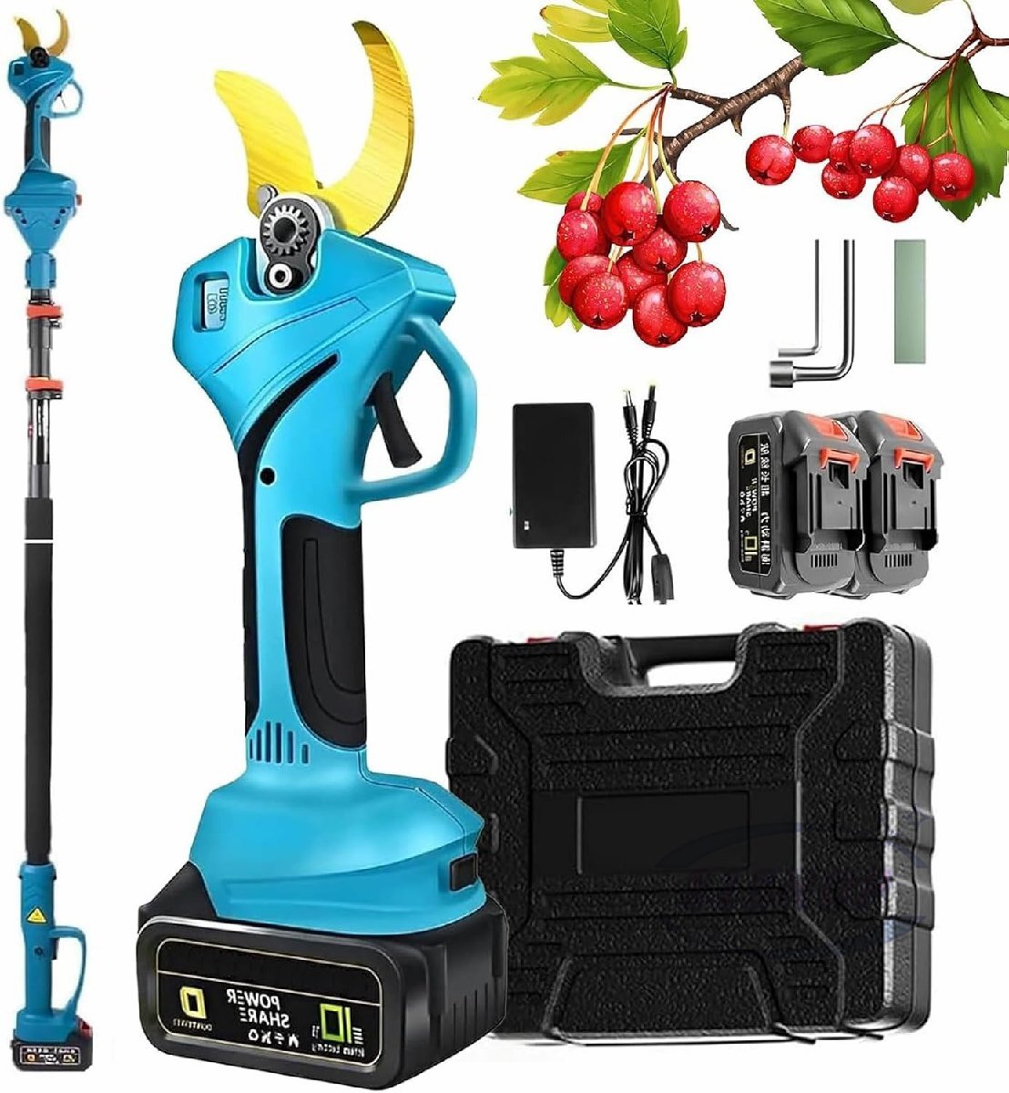 「81SHOP」電動剪定鋏、延長ポール付きコードレス剪定ばさみ、最大4cm/1.57インチの枝をカット、園芸用樹木剪定鋏、150°調節可能なヘッド拍卖