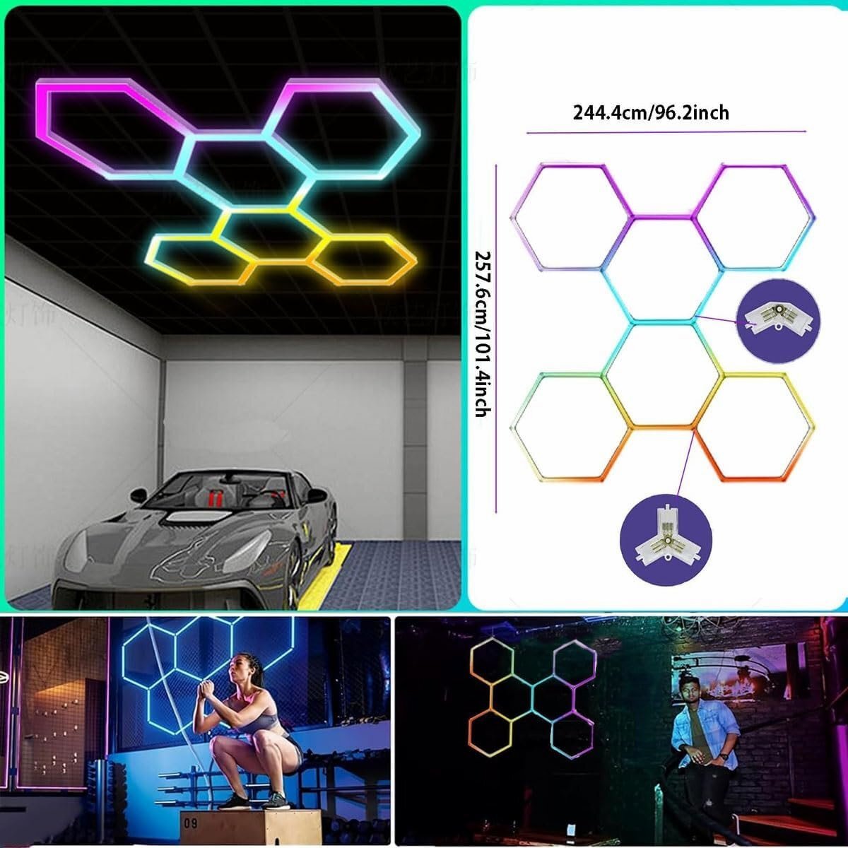 六角形LEDランプ、ハニカムLEDシーリングライト、音楽モードと色の変化を備えたRGB六角形照明高輝度防水六角形照明ジムバーゲームガレージ拍卖