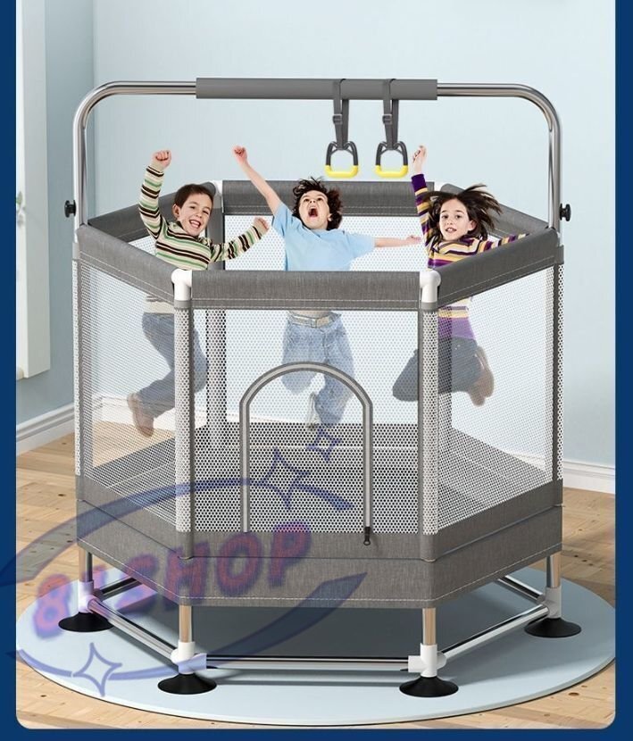 「81SHOP」トランポリン 子供用 安全ネット付き 鉄棒 吊り輪付き 安全カバー セーフティネット付き スプリング式 大型 家庭用拍卖