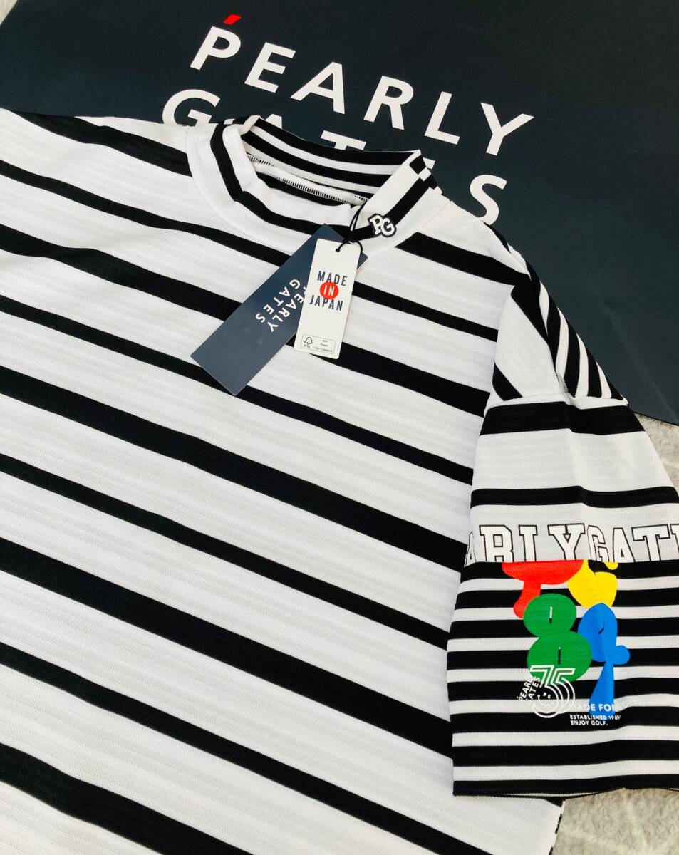 新品 パーリーゲイツ カノコ×天竺 半袖Relaxモックネックカットソー(4)サイズM/白 MIXボーダー柄 PEARLY GATES拍卖